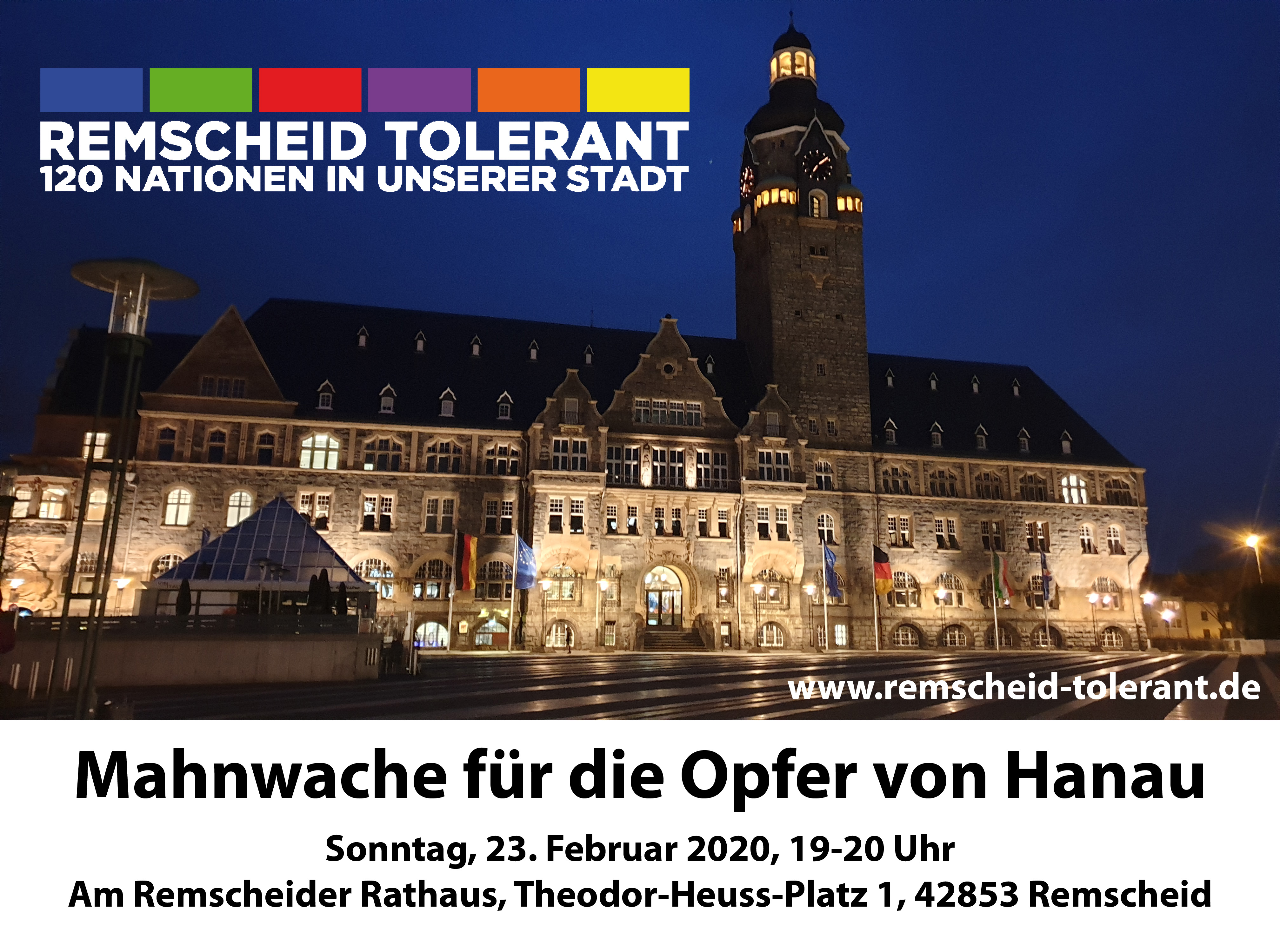 Einladung zur Mahnwache für die Opfer von Hanau am Sonntag, 23.02.2020 von 19-20 Uhr am Remscheider Rathaus.