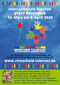 Das DIN A3-Plakat der Internationalen Wochen gegen Rassismus 2020 in Remscheid zum Herunterladen.